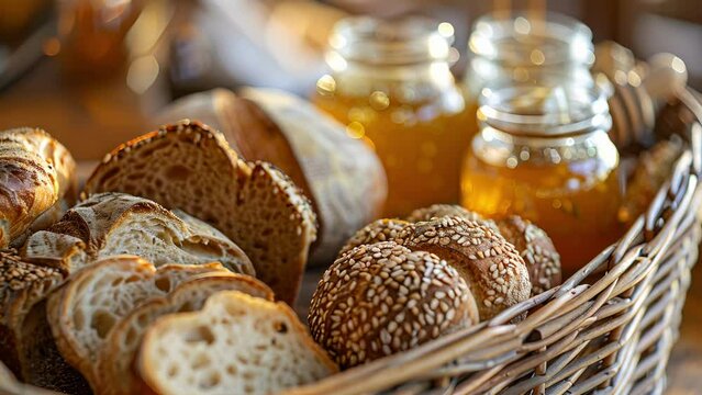 A variety of artisan breads from classic white to hearty rye arranged in a wicker basket and served with jars of honey jam and butter.