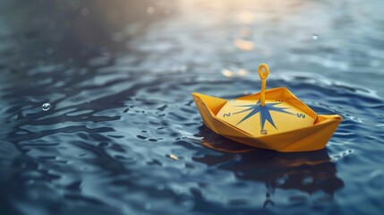 Yellow Paper Boat With Compass Leaving Group And Changing Direction - Entrepreneur/Business Opportunity realistic