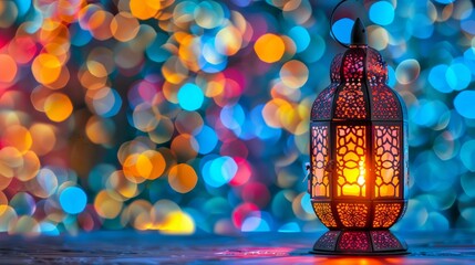 Arabesque lantern casting warm glow on table with captivating blurred background