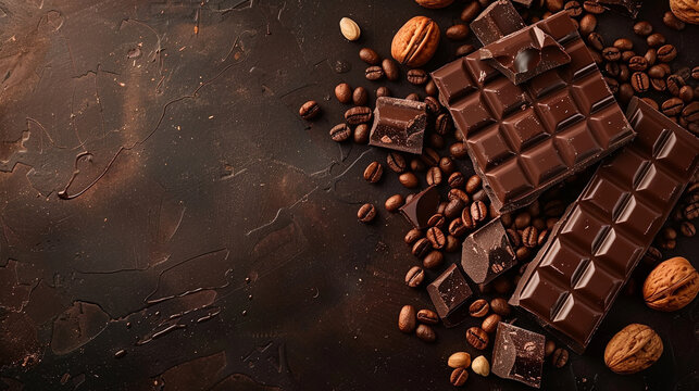 Top view of chocolate factory concept with scattered chocolate bars, coffee beans and nuts