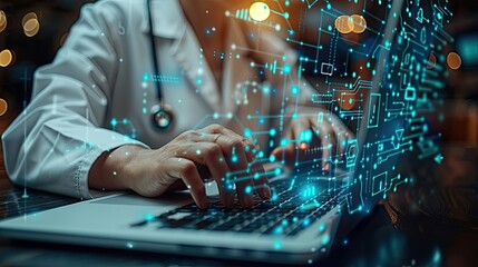 Doctor work with laptop computer,digital healthcare technology,system analysis network connection hologram virtual screen interface