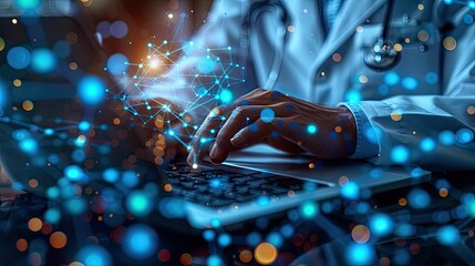 Doctor work with laptop computer,digital healthcare technology,system analysis network connection hologram virtual screen interface