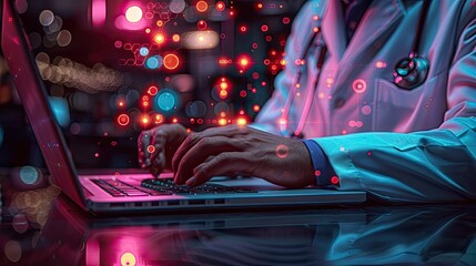 Doctor work with laptop computer,digital healthcare technology,system analysis network connection hologram virtual screen interface