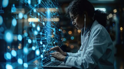 Doctor work with laptop computer,digital healthcare technology,system analysis network connection hologram virtual screen interface