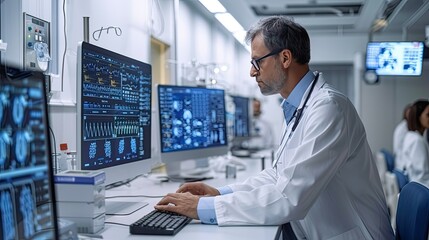 doctor working in futuristic hospital with medical high tech healthcare