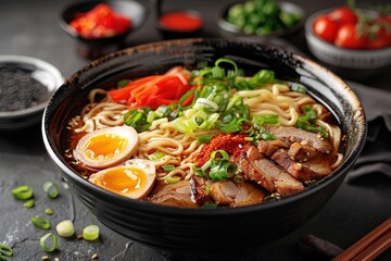 Miso Ramen Asian noodles with egg, enoki and pak choi cabbage in bowl on dark concrete background