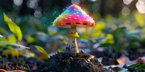 A psychedelic mushroom sprouts from the earth, its cap adorned with rainbow colors.