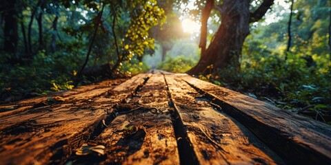 The picture of the wood table in the middle of the forest that surrounded with an uncountable...