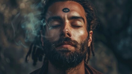 Fototapeta premium hippie man meditating with his eyes closed in high resolution and high quality