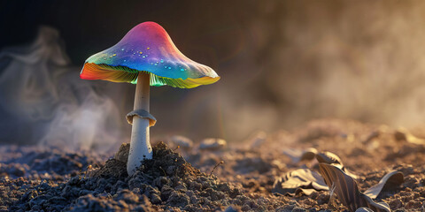 A psychedelic mushroom sprouts from the earth, its cap adorned with rainbow colors.