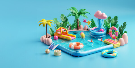 Swimming pool with colorful inflatable toys and palm trees on a bright blue background. Summer vacation illustration in 3d style. 