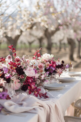A beautifully decorated outdoor table with bouquets of orchids, roses and peonies, candles, luxury tableware and cutlery