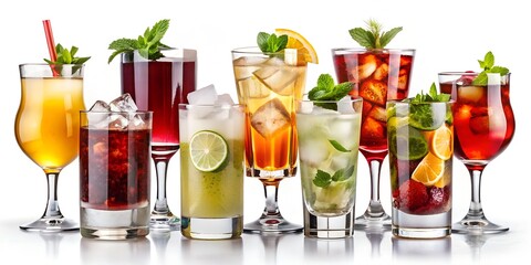 Collection of cocktails with lime and mint on white background