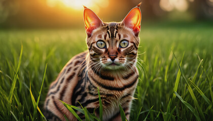 A Bengal cat lies on the grass at sunrise. World Cat Day