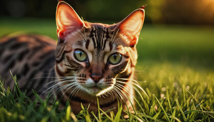A Bengal cat lies on the grass at sunrise. World Cat Day