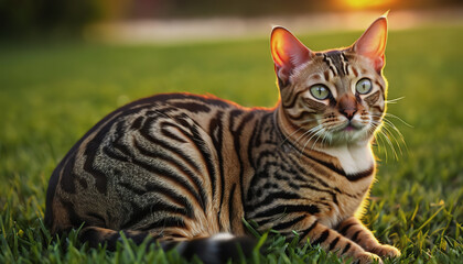A Bengal cat lies on the grass at sunrise. World Cat Day