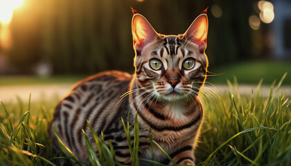 A Bengal cat lies on the grass at sunrise. World Cat Day