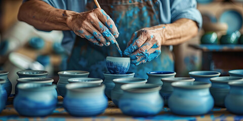 A ceramicist shapes and paints each piece of pottery with careful, practiced strokes, infusing their art with a deep, calming blue