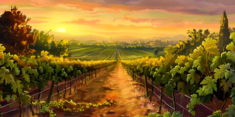 Naklejka premium Charming vineyard at sunset, perfect for agricultural, wine, or countryside-themed content.