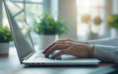 Professional Working Efficiently on Laptop in Bright Office