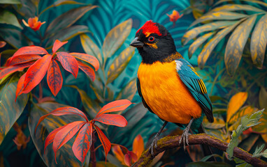 Fototapeta premium Vibrant Tropical Bird Amidst Lush Foliage