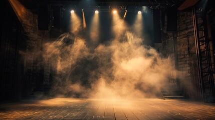There is a stage with red and blue lights and smoke on the floor.

