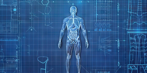 A blueprint of the human body adorns a scientist's wall, reminding them of the delicate balance between structure and function