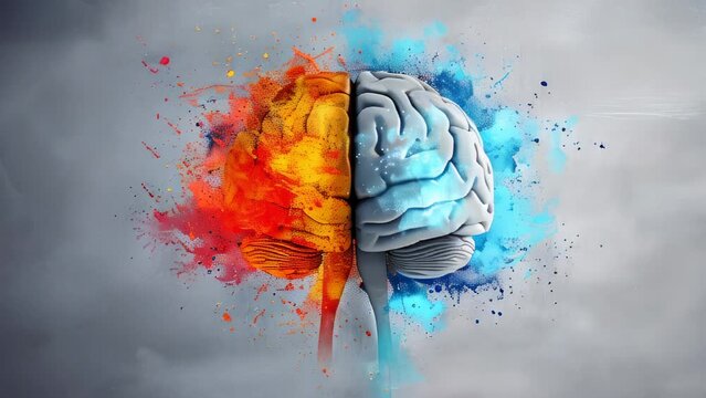 Creative representation of human brain with contrasting warm and cool colored paint splatters