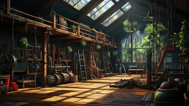 Gym background flat design side view rustic bodybuilding den theme 3D render vivid