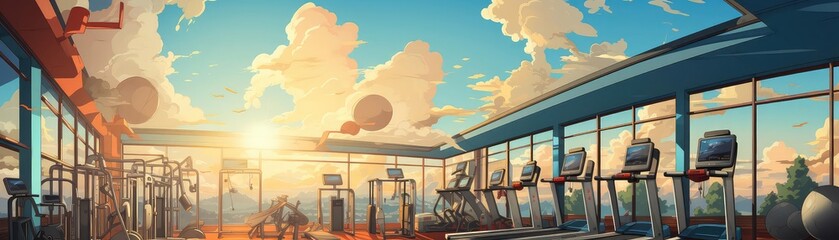 Gym background flat design top view sleek modern fitness area theme water color Analogous Color Scheme