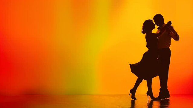 Silhouette of couple dancing passionately against vibrant orange and yellow background