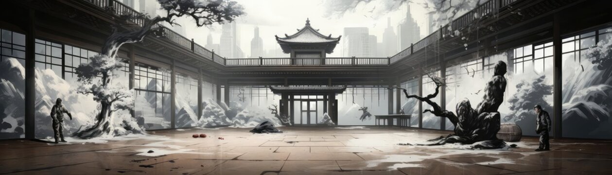 Gym background flat design top view eclectic martial arts dojo theme 3D render black and white