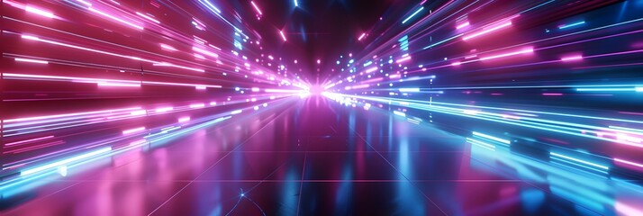 3d abstract technology glowing neon fast speed light background, empty space scene, reflection floor, virtual reality, cyber space futuristic sci-fi background, motion line high speed for mock up.