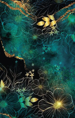 Silhouette daisies with gold leaves on watercolor background