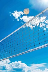 Vibrant beach volleyball net under clear blue sky, symbolizing outdoor summer olympic games sport