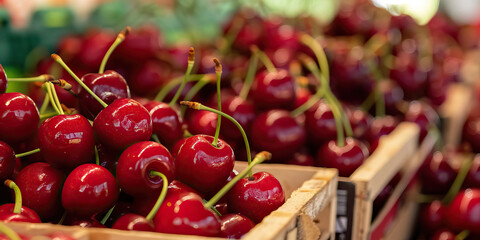 The vibrant red of cherries adorns a fruit stand, beckoning passersby to sample their sweetness