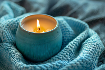 Candle in Cozy Blue Ceramic Setting