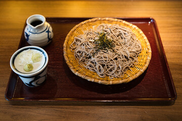 Ishikawa,Japan - May 13, 2024: Zaru soba or soba noodel on tray
