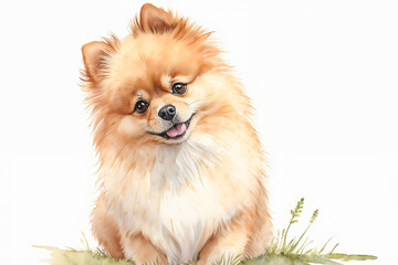 Obraz premium Pomeranian Puppy with watercolor splashes isolated on a white background. Pet portrait illustration.with copy space