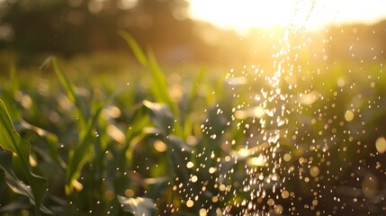 A field of corn being irrigated ready to be used for biomass energy.