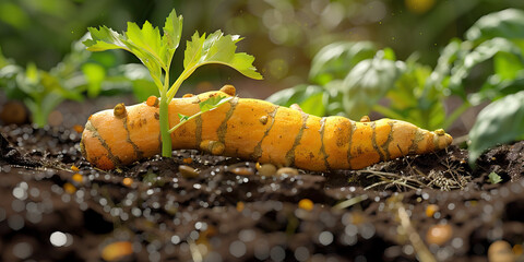 Tangerine Turmeric: A vibrant, yellow root vegetable growing in rich soil.