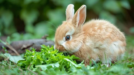 Fototapeta premium Adorable rabbit munching on fresh greens, showcasing the joy of healthy eating habits in nature.