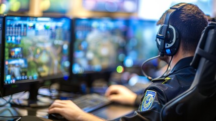 Police officers in modern emergency call center with space for text, rapid response operations