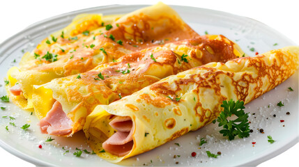  Savory crepes filled with ham and cheese, garnished with herbs and served, transparent background