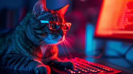 Curious cat in glasses, exploring the digital realm on a computer, showcasing feline intrigue in modern technology.