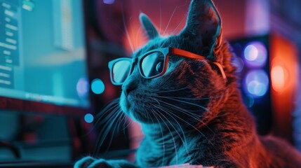Curious cat in glasses, exploring the digital realm on a computer, showcasing feline intrigue in modern technology.