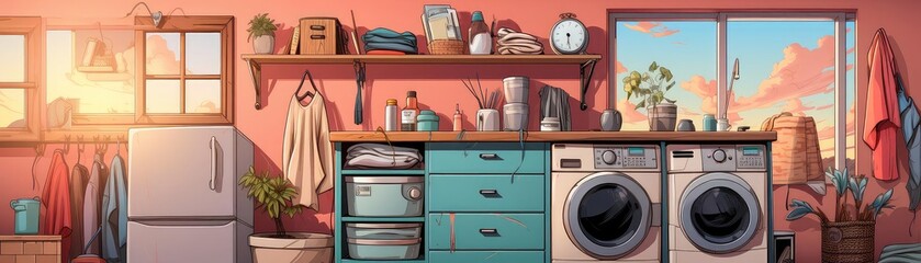 Laundry Room background flat design front view modern efficiency theme animation Complementary Color Scheme