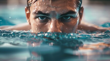 Fototapeta premium Determined swimmer with eyes ahead, embodying unwavering concentration in the pool.