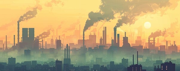 Illustration of a city with smog and pollution from factories. The hazy skyline is dominated by industrial smokestacks emitting thick plumes of smoke, creating a stark, orange-tinted atmosphere.
