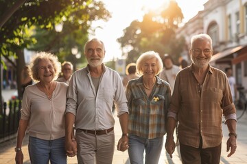 Group of senior people walking in the city. Elderly people walking in the city.